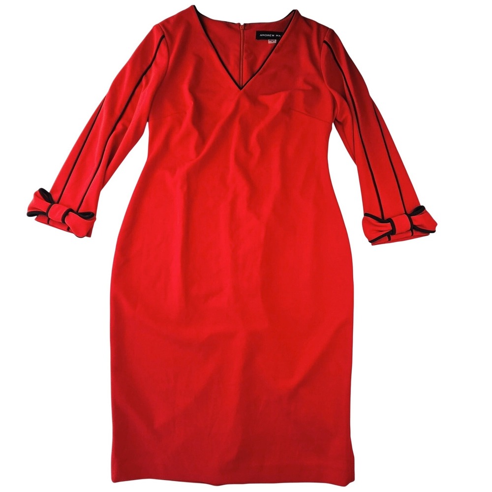 Andrew Marc Red V-Neck Sheath Dress Black Piping Bow Cuffs Holiday Festive Sz 10